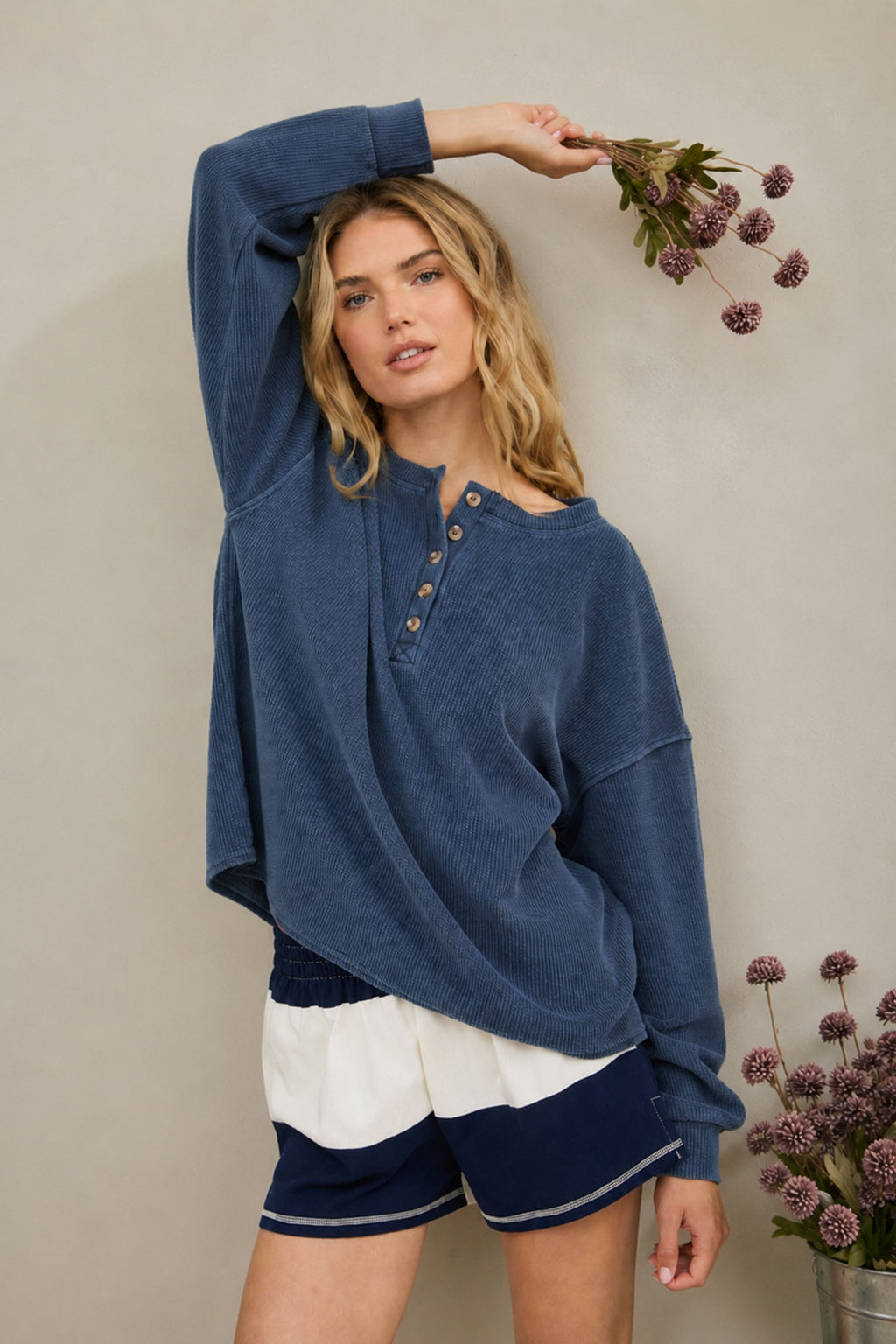 Henley Ribbed Boxy Long Sleeve Washed Knit Top - Navy