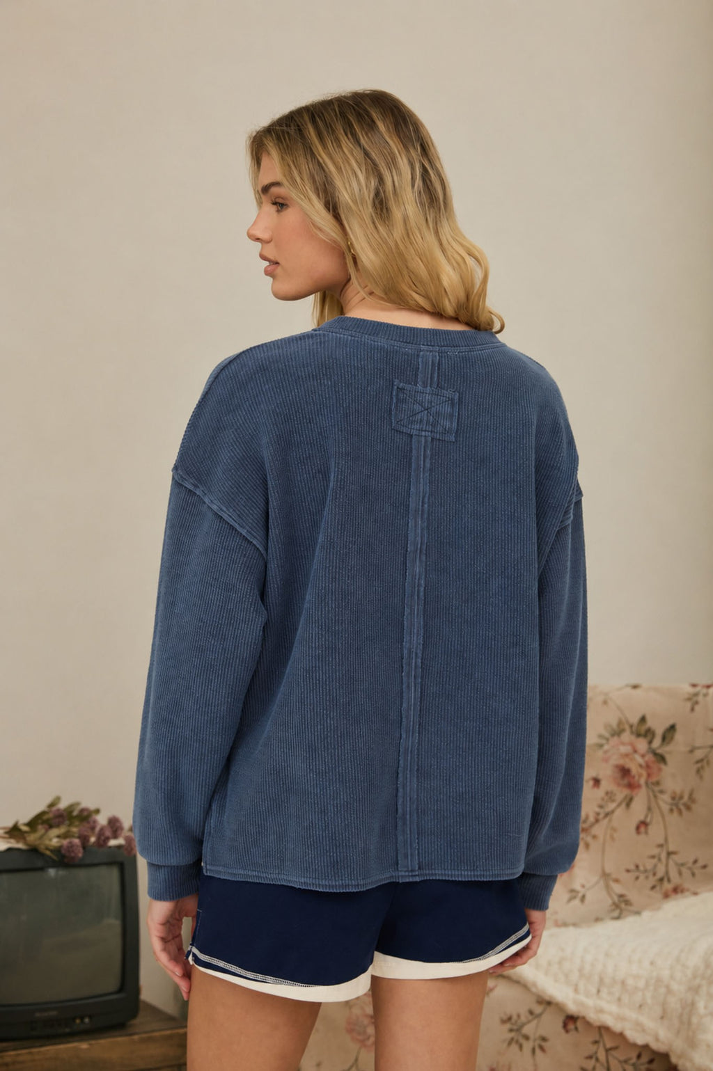Henley Ribbed Boxy Long Sleeve Washed Knit Top - Navy