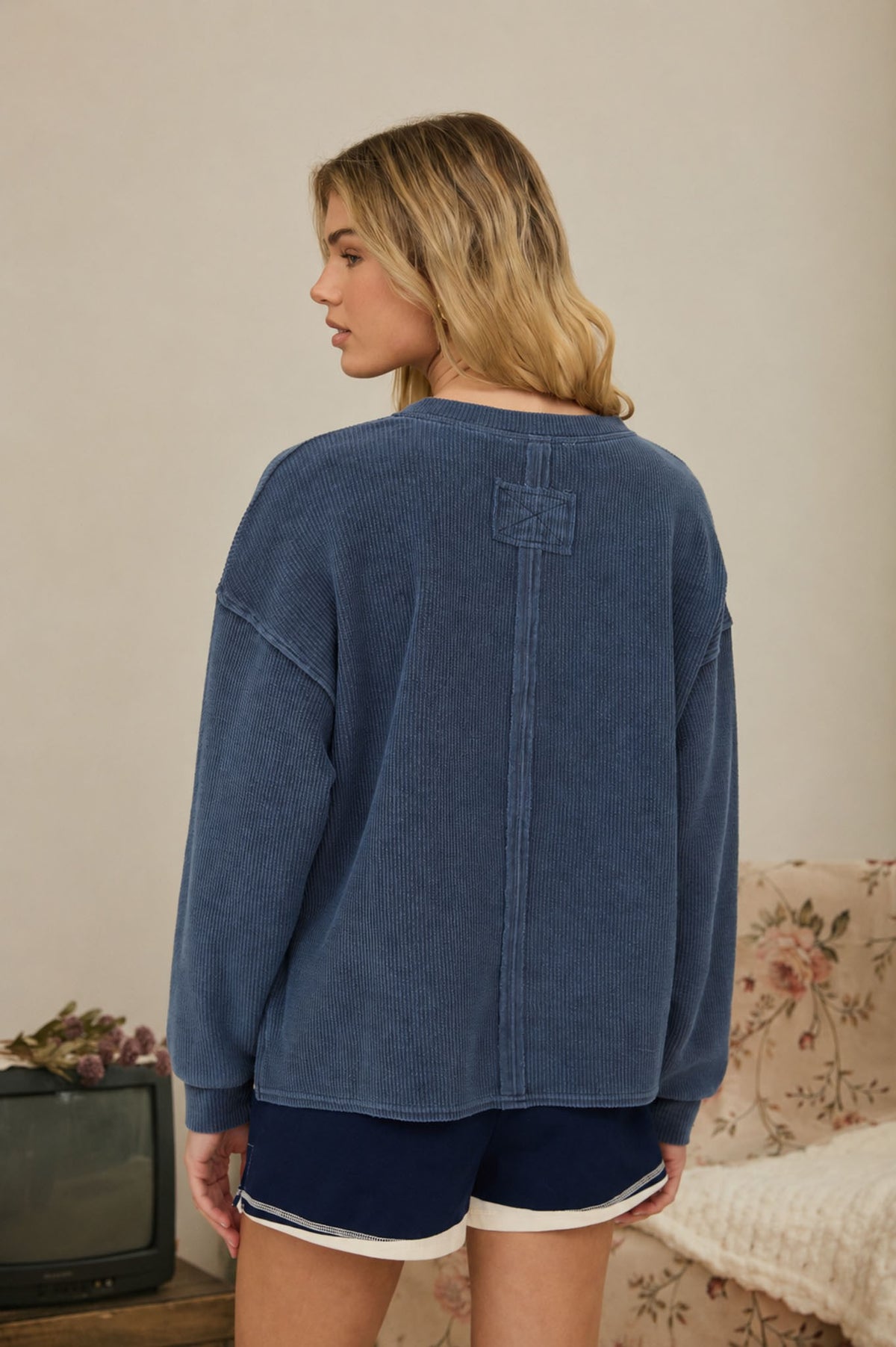 Henley Ribbed Boxy Long Sleeve Washed Knit Top - Navy