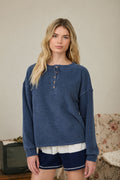 Henley Ribbed Boxy Long Sleeve Washed Knit Top - Navy