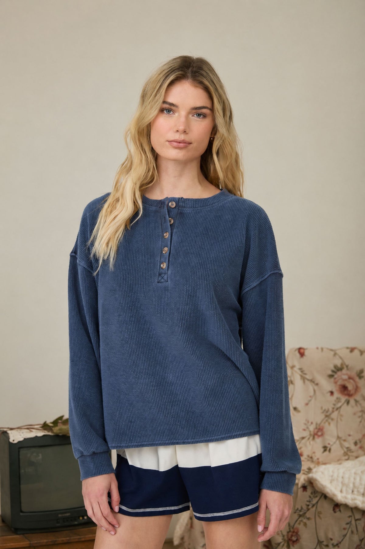 Henley Ribbed Boxy Long Sleeve Washed Knit Top - Navy