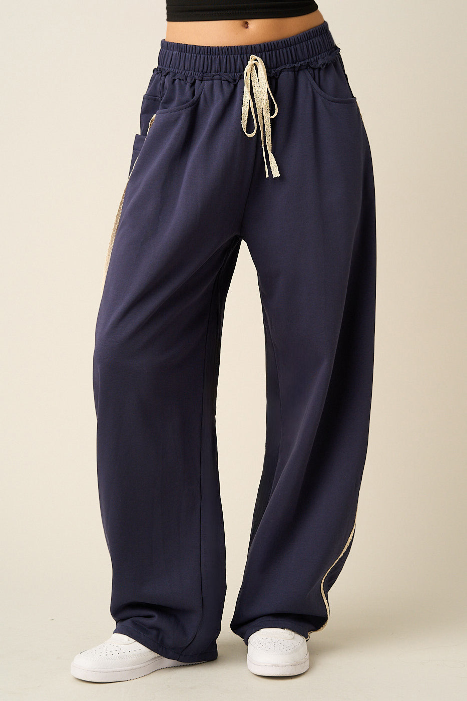 Lace Trim Barrel Leg Drawstring Pants