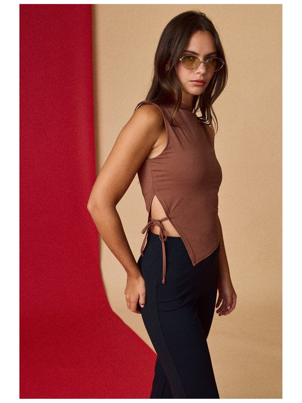 Asymmetrical Mock Neck Top with Open Side Tie