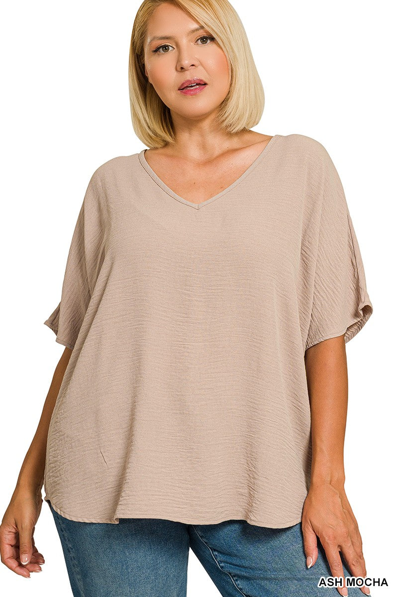 Plus Woven Airflow V-Neck Short Sleeve Top