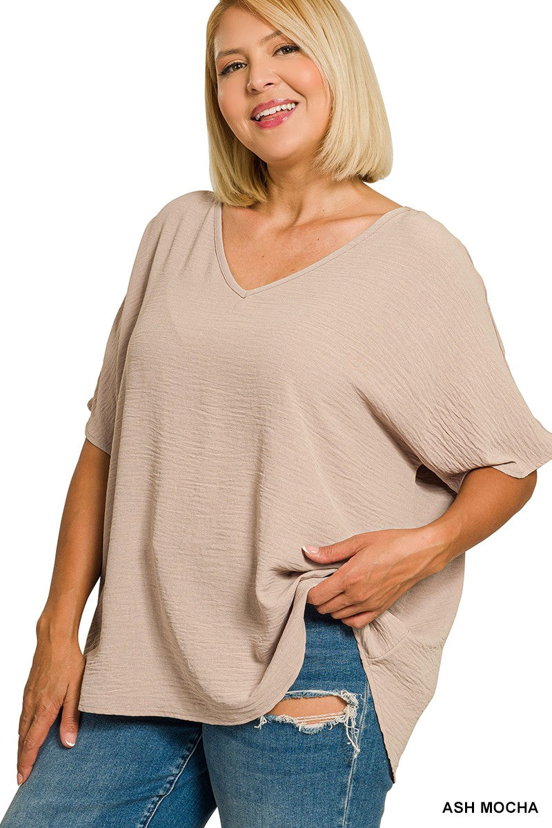 Plus Woven Airflow V-Neck Short Sleeve Top