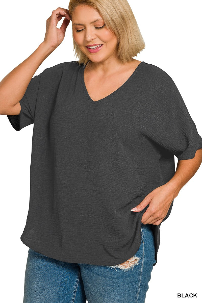 Plus Woven Airflow V-Neck Short Sleeve Top