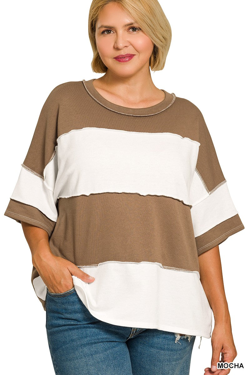 Plus French Terry Color Block Exposed Seam Top
