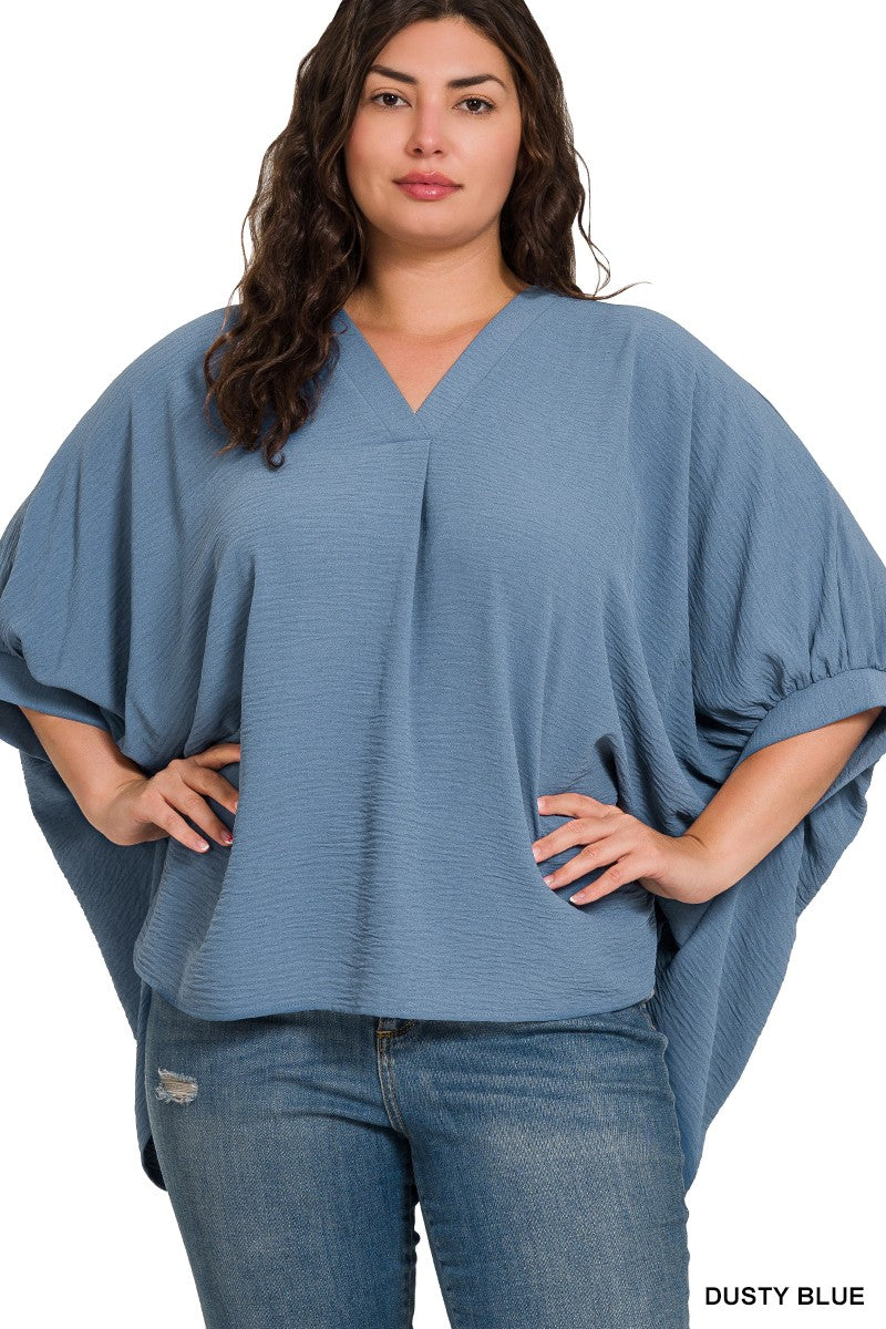 Plus Woven Airflow V-Neck Puff Sleeve Top