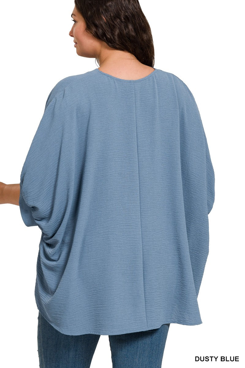 Plus Woven Airflow V-Neck Puff Sleeve Top