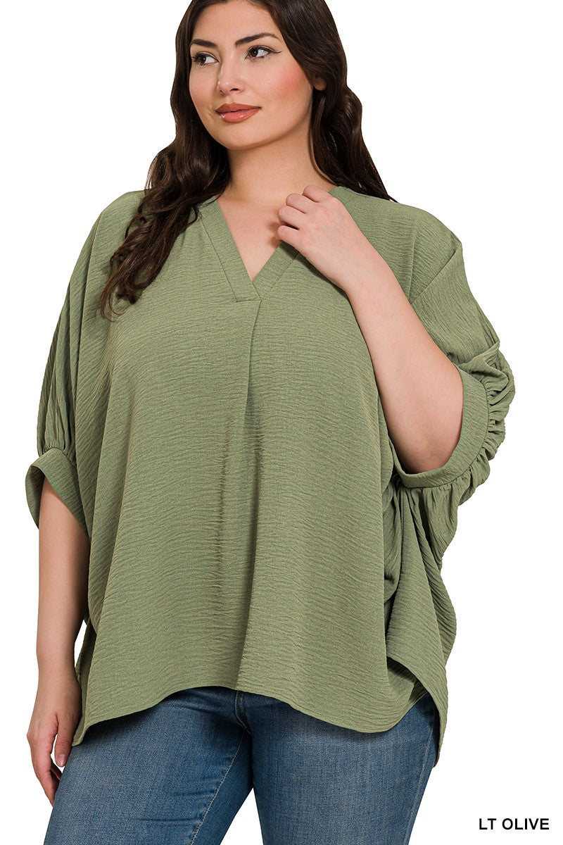 Plus Woven Airflow V-Neck Puff Sleeve Top