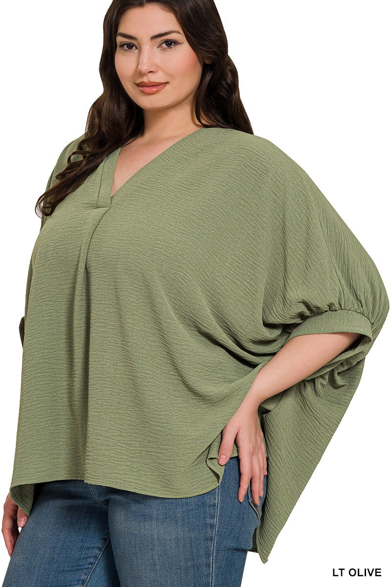 Plus Woven Airflow V-Neck Puff Sleeve Top