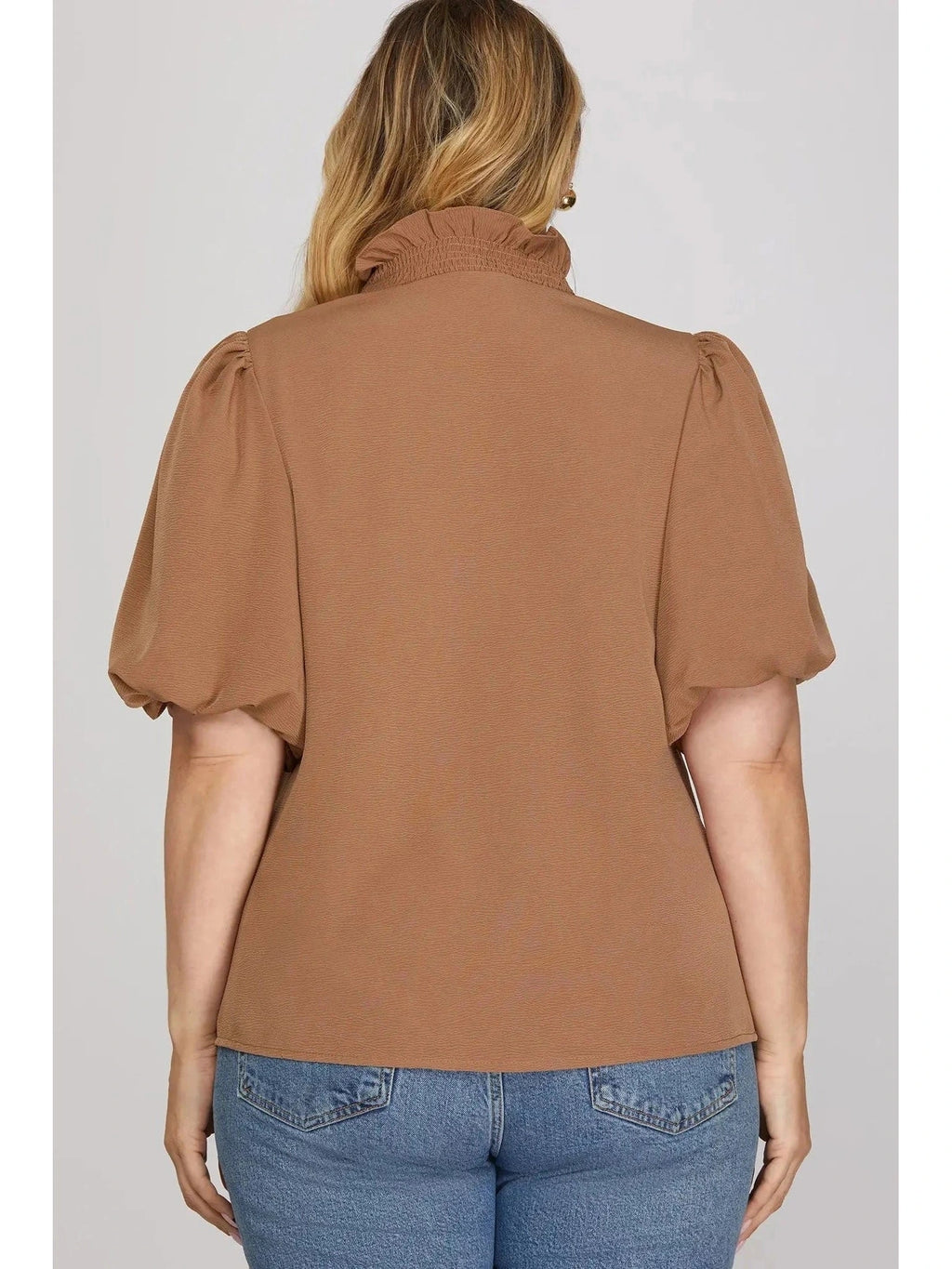 Plus Smocked Neck Bubble Sleeve Top