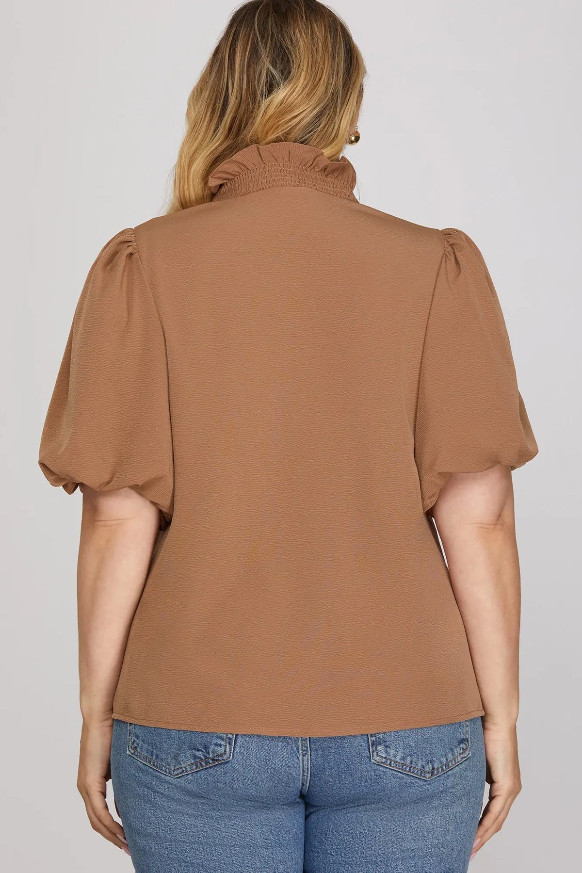 Plus Smocked Neck Bubble Sleeve Top