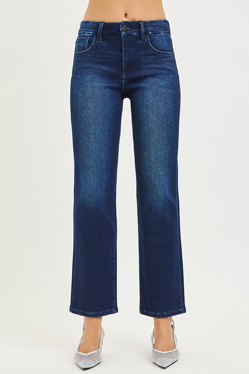 Risen Tummy Control Mid Rise Ankle Straight Jeans - Dark