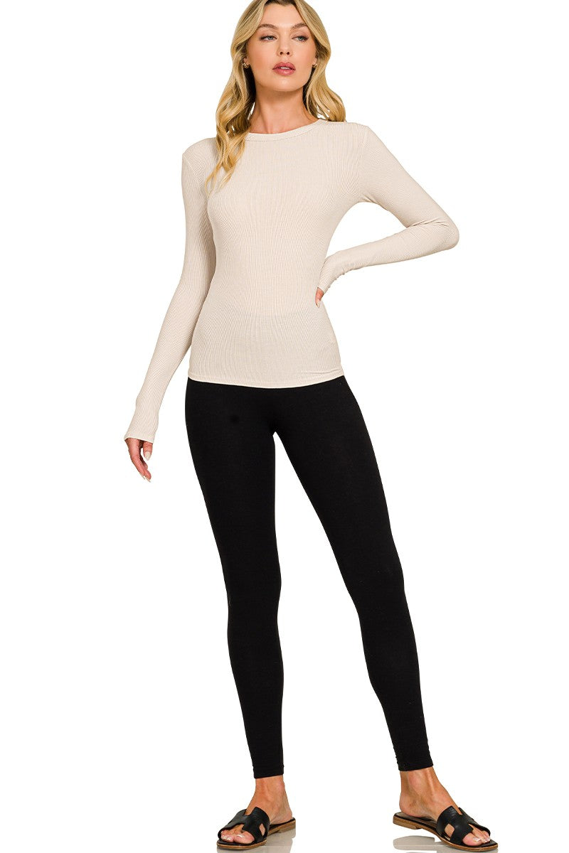 Ribbed Round Neck Long Sleeve Tee