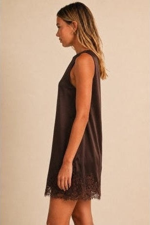 Sleeveless Satin Lace Trim Mini Dress