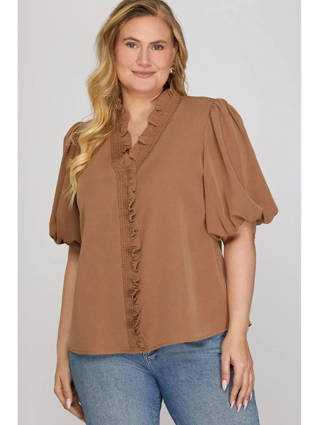 Plus Smocked Neck Bubble Sleeve Top