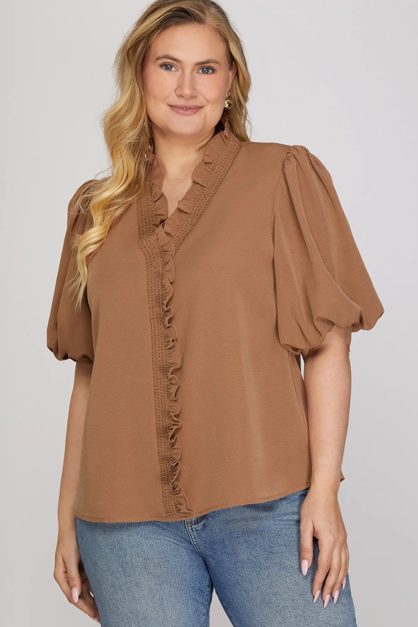 Plus Smocked Neck Bubble Sleeve Top