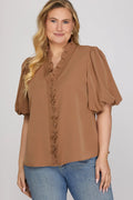 Smocked Neck Bubble Sleeve Top