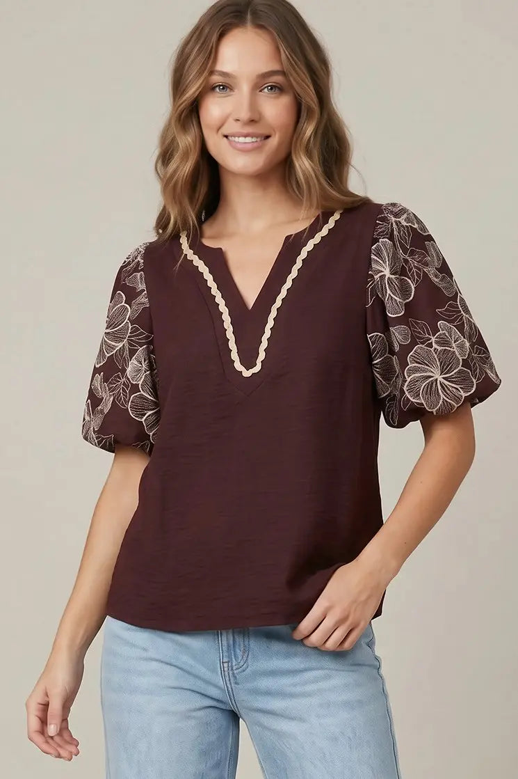 Embroidered Lace Trim Puff Sleeve Top