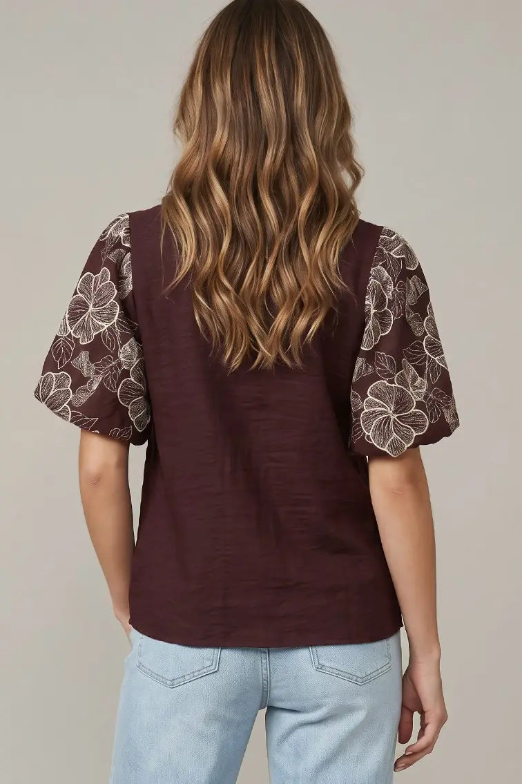 Embroidered Lace Trim Puff Sleeve Top