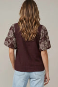 Embroidered Lace Trim Puff Sleeve Top