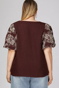 Plus Embroidered Lace Trim Puff Sleeve Top