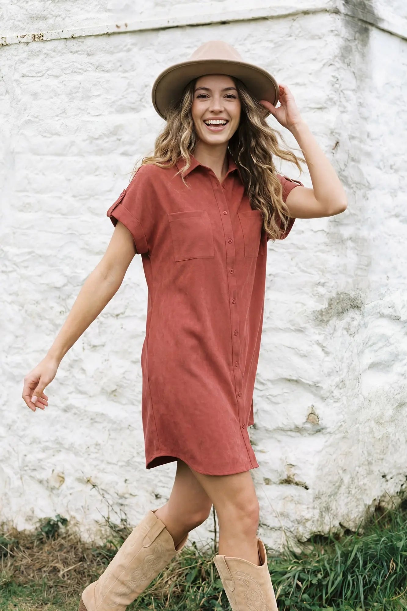 Suede Button Up Shirt Dress