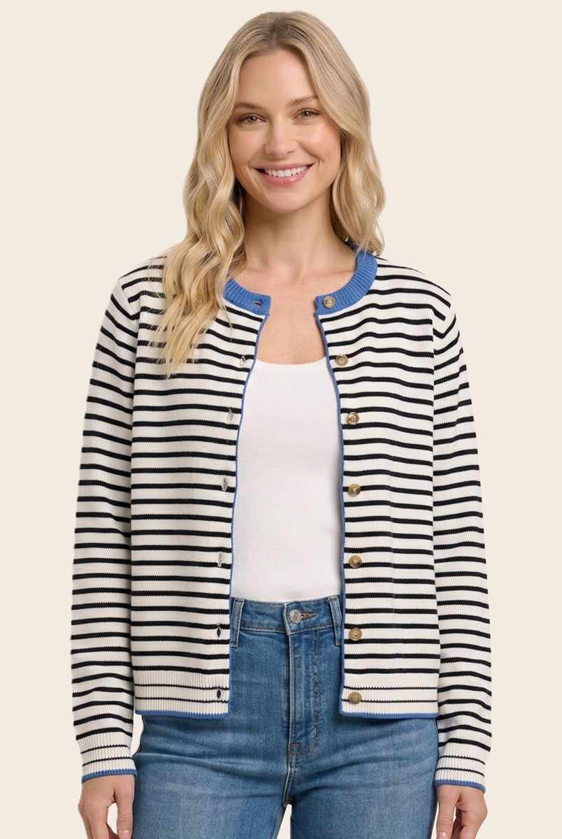 Color Trimmed Striped Sweater Cardigan