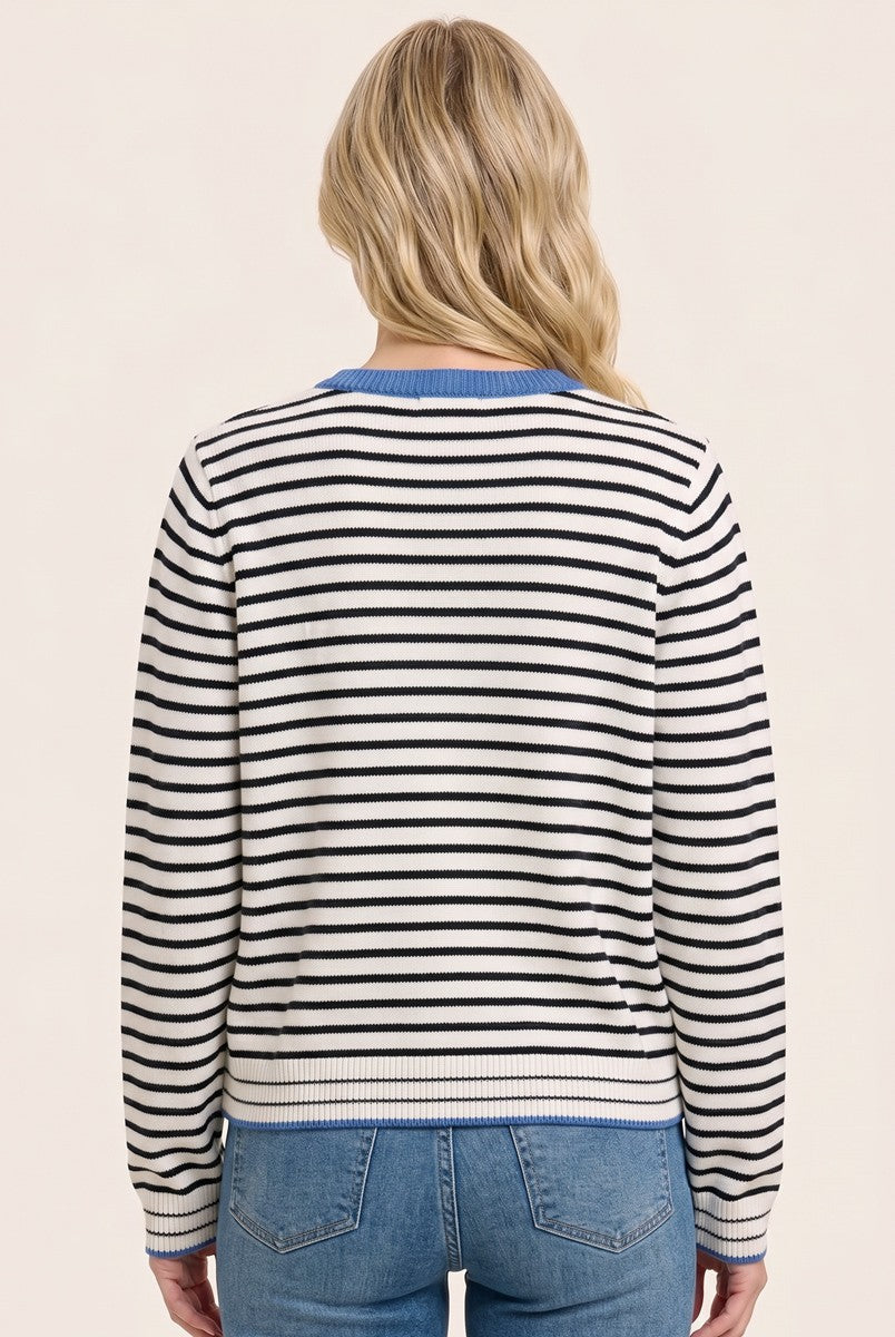 Color Trimmed Striped Sweater Cardigan