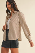 Stripe Scallop Trim Detail Puff Sleeve Blouse