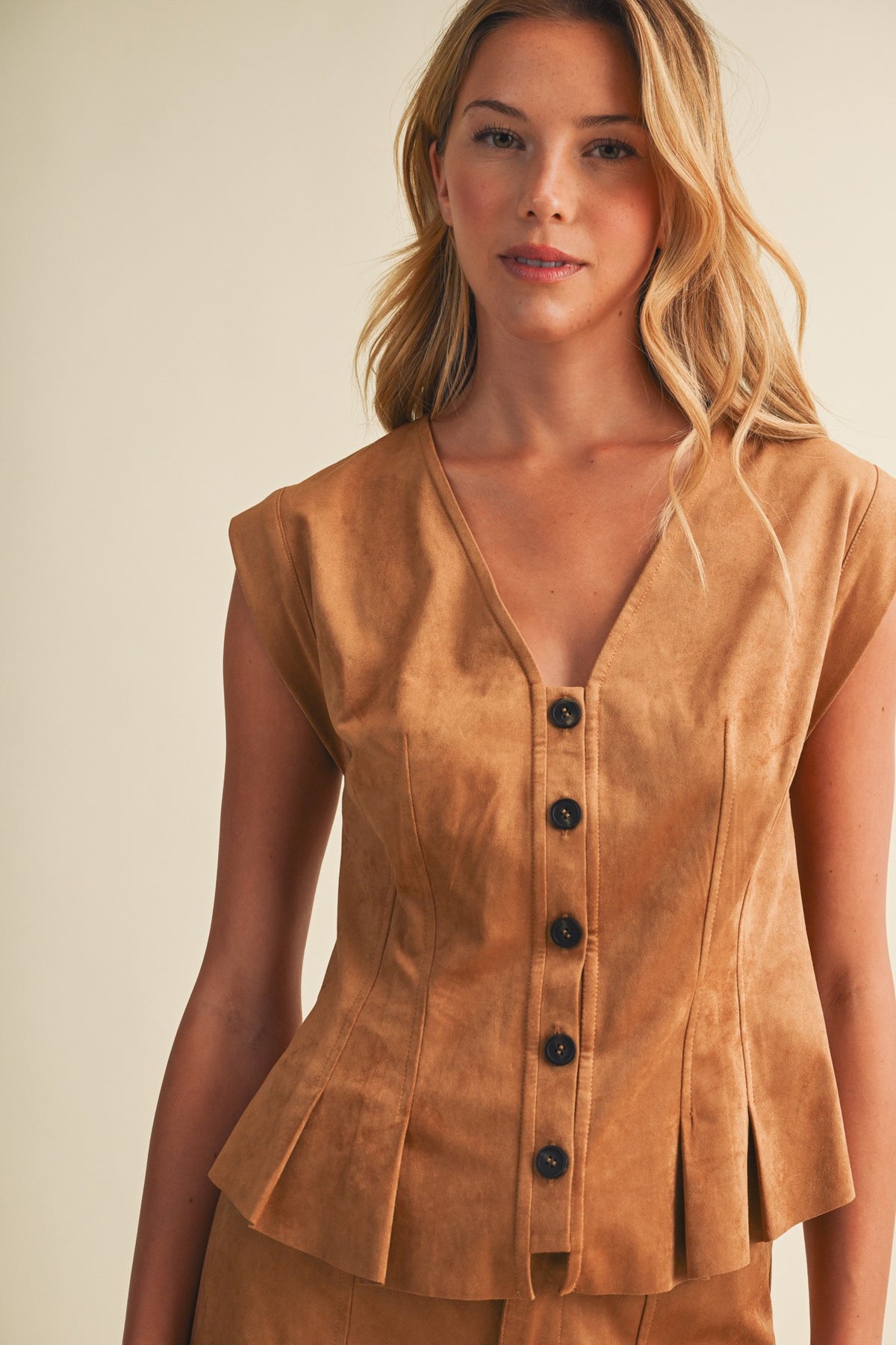 Faux Suede Pleated Peplum Top