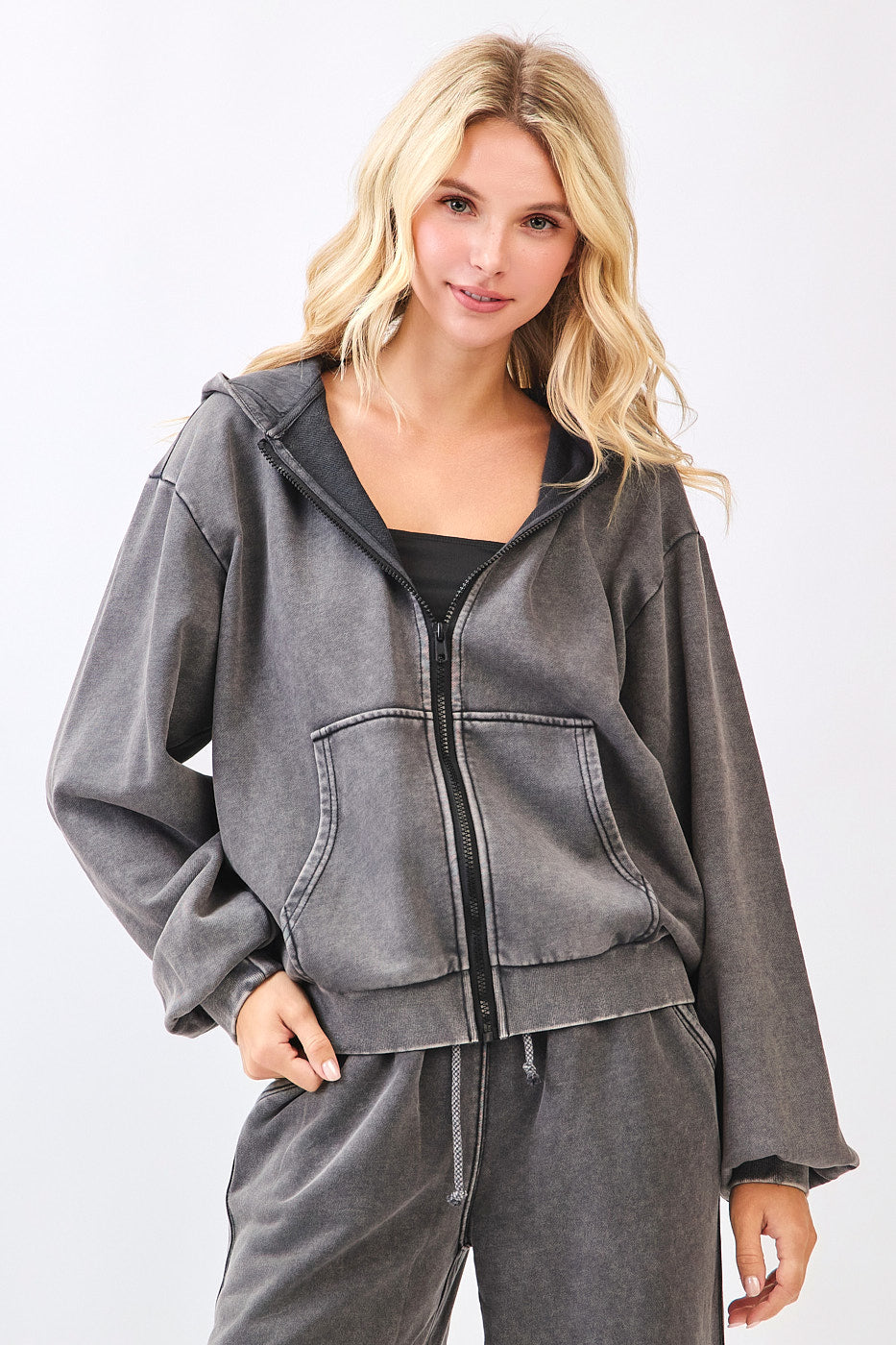 Mineral Wash Long Sleeve Hoodie Zip Up Jacket