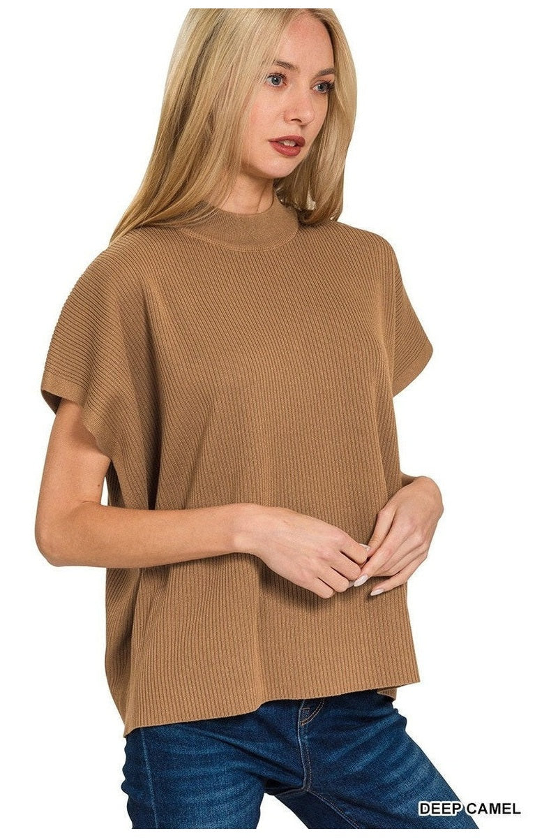Viscose Mock Neck Short Sleeve Boxy Sweater