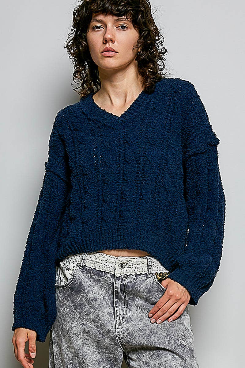 POL Semi-Cropped V-Neck Soft Sweater Top