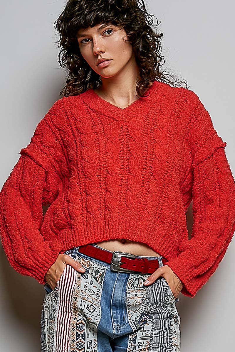 POL Semi-Cropped V-Neck Soft Sweater Top