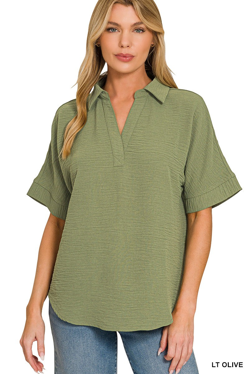 Woven Airflow Collared V-Neck Short Sleeve Top
