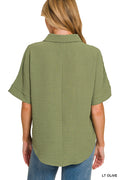 Woven Airflow Collared V-Neck Short Sleeve Top