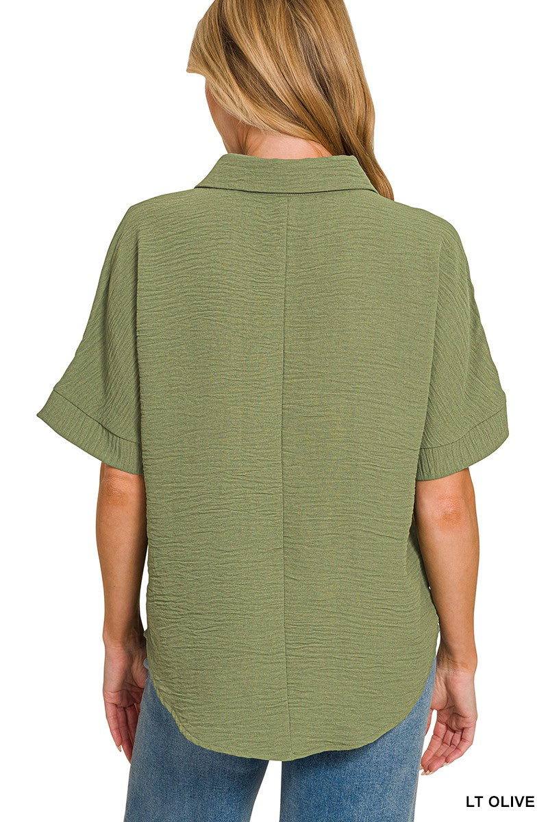 Woven Airflow Collared V-Neck Short Sleeve Top