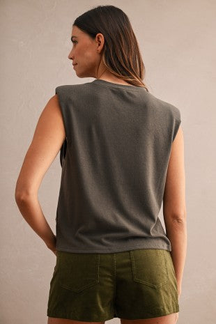 Sleeveless Round Neck Shoulder Pad Top