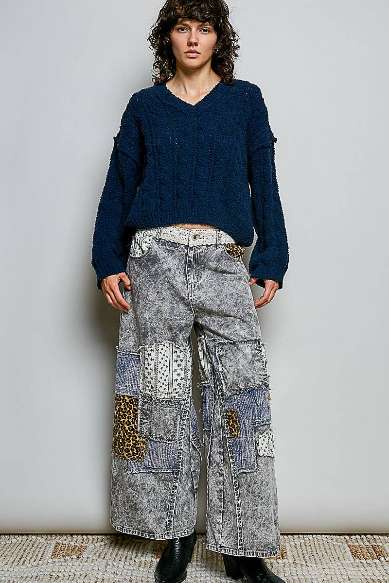 POL Semi-Cropped V-Neck Soft Sweater Top
