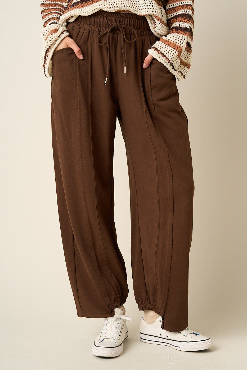 Seam Detail Drawstring Barrel Leg Casual Pants
