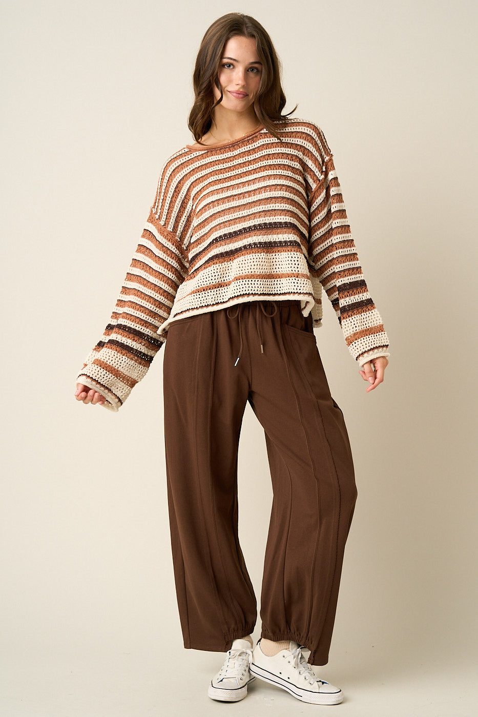 Seam Detail Drawstring Barrel Leg Casual Pants