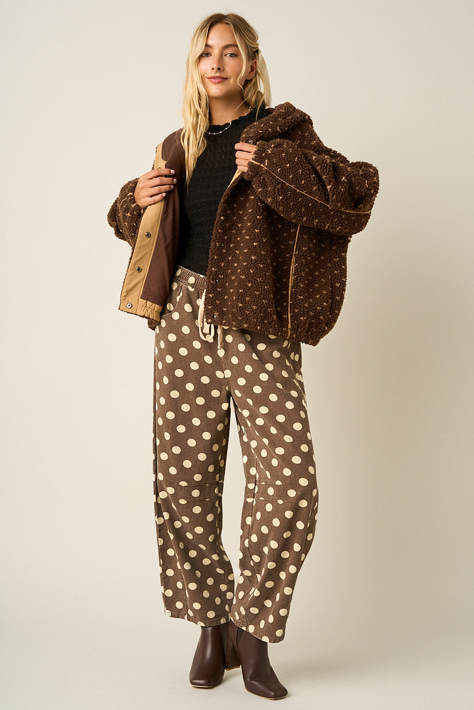 Washed Polka Dot Drawstring Waist Barrel Leg Pants