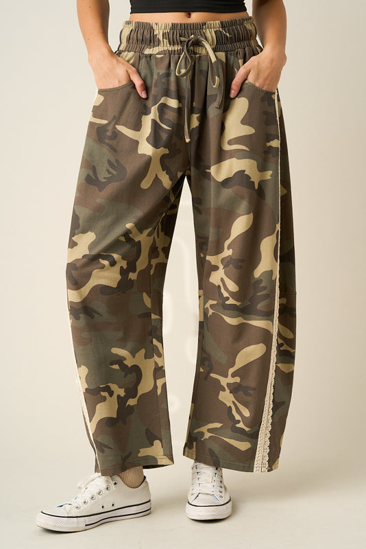 Camo Print Lace Trim Barrel Leg Pants