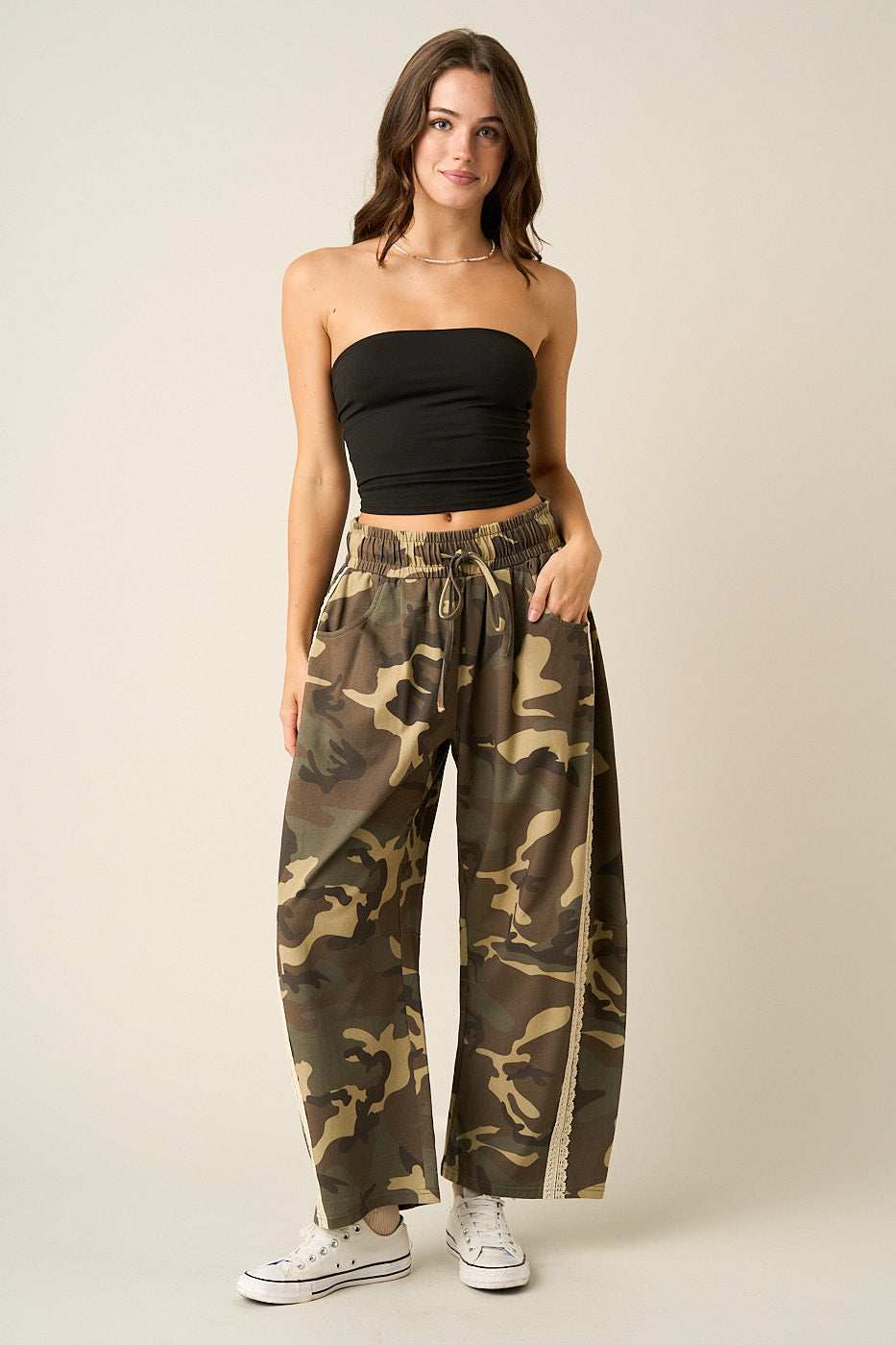 Camo Print Lace Trim Barrel Leg Pants